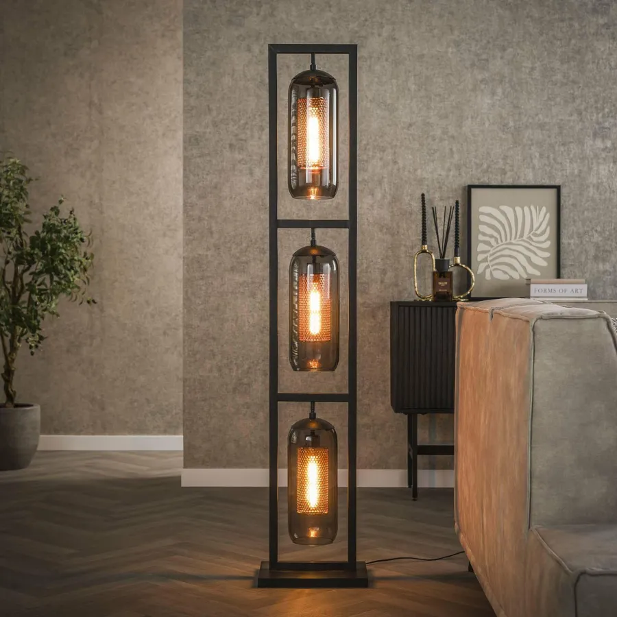 WoonStijl Vloerlamp 3L tower smoke glas-geperforeerd staal Clearance