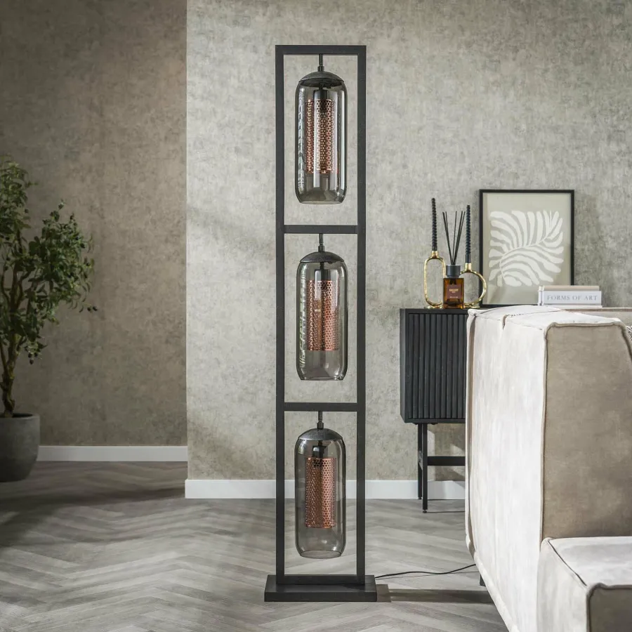 WoonStijl Vloerlamp 3L tower smoke glas-geperforeerd staal Clearance