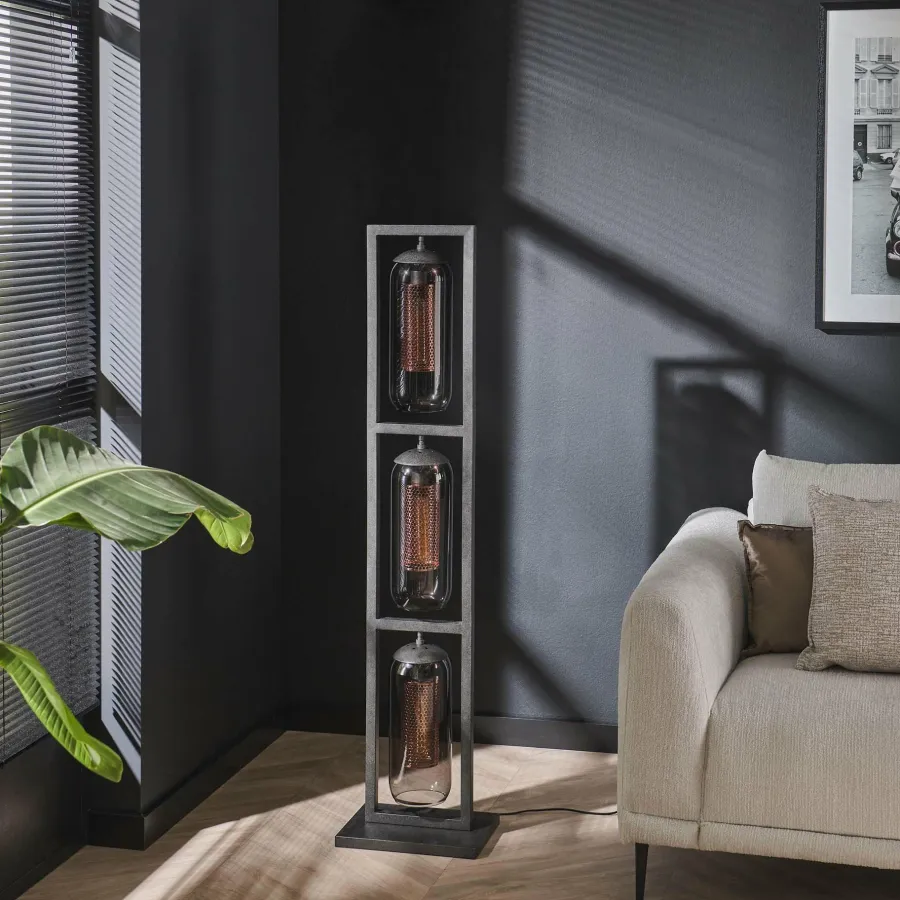 WoonStijl Vloerlamp 3L tower smoke glas-geperforeerd staal Clearance