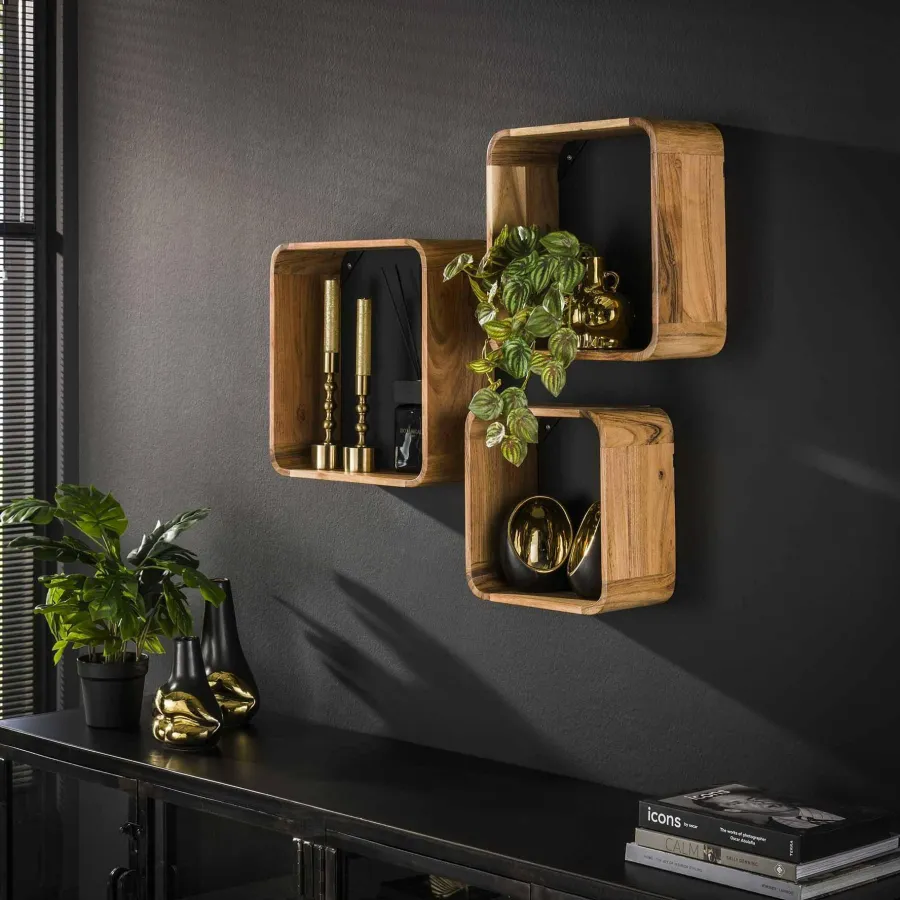 WoonStijl Wandschap Acacia vierkant set van 3