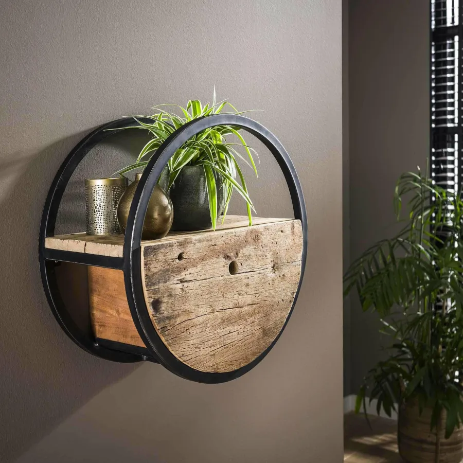 WoonStijl Wandschap circular Ø50 met lade / Robuust hardhout Clearance