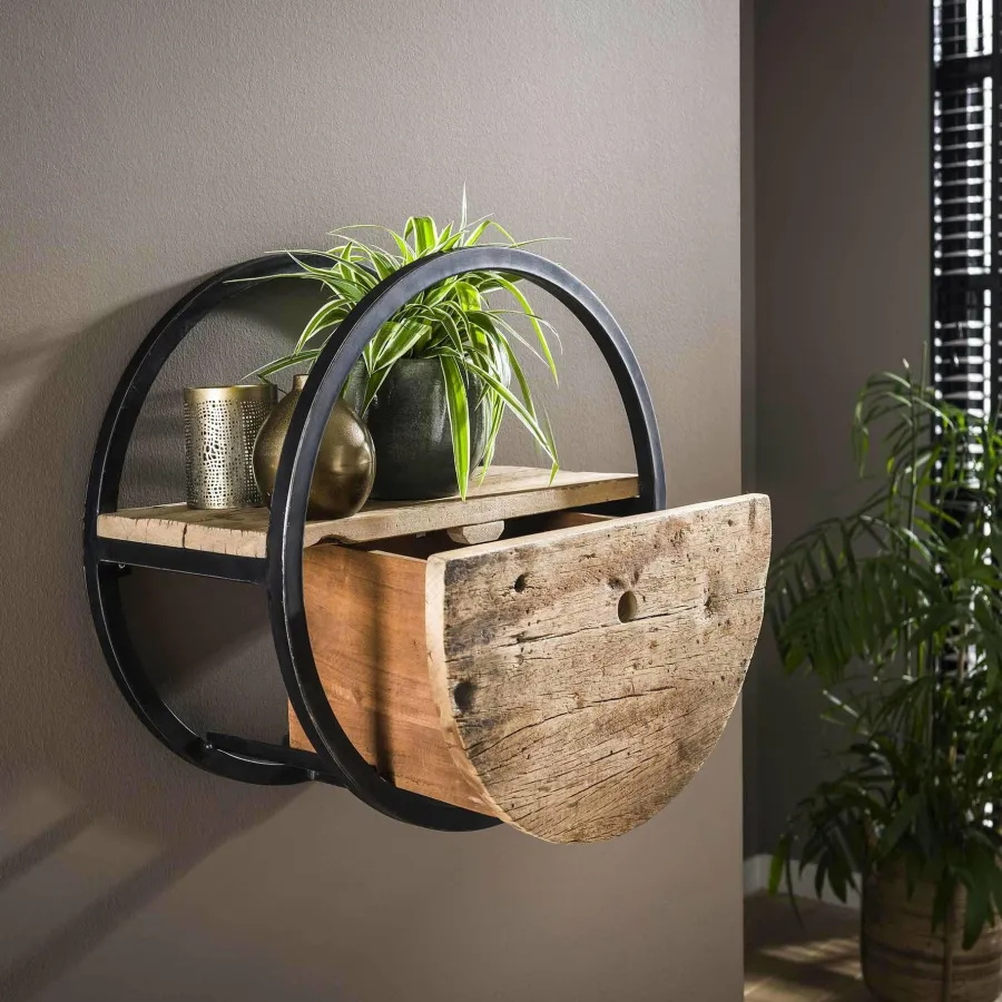 WoonStijl Wandschap circular Ø50 met lade / Robuust hardhout Clearance
