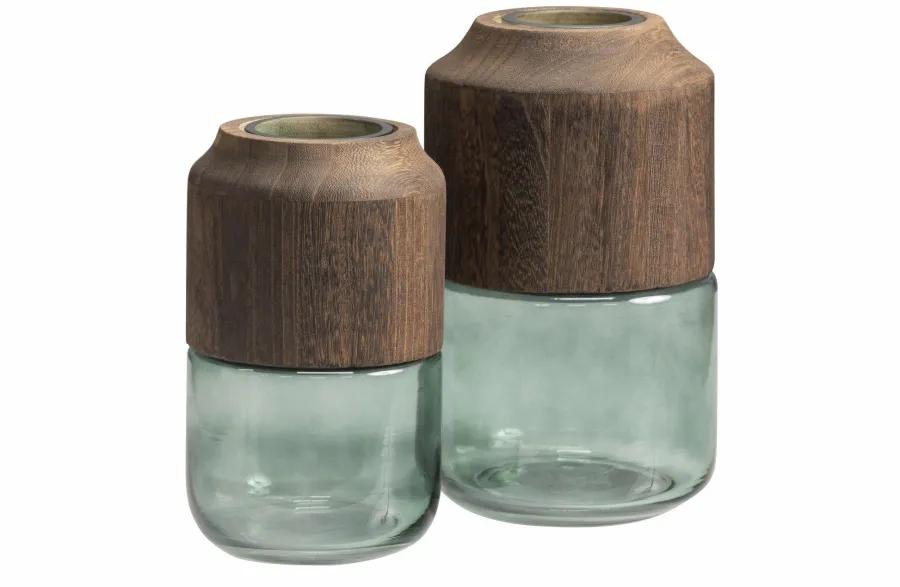 Woood Celeste Vaas Glas/hout Blauw/groen 28x16cm Hot