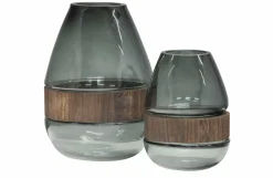 Woood Dave Vaas Glas/hout Blauw/groen 26x19cm Outlet