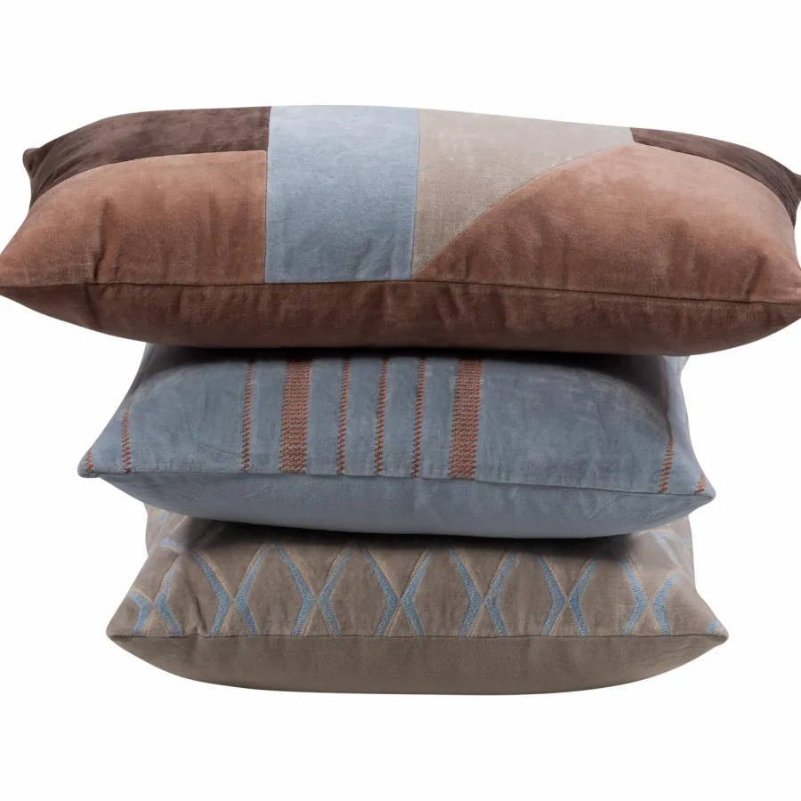 Woood Laon kussens velvet naturel/blauw - set van 3 Outlet