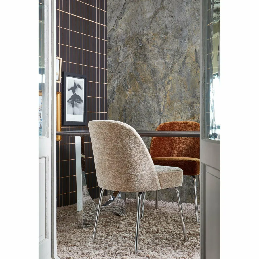 Woood Vogue eetkamerstoel 3d chenille zand chrome poot Outlet