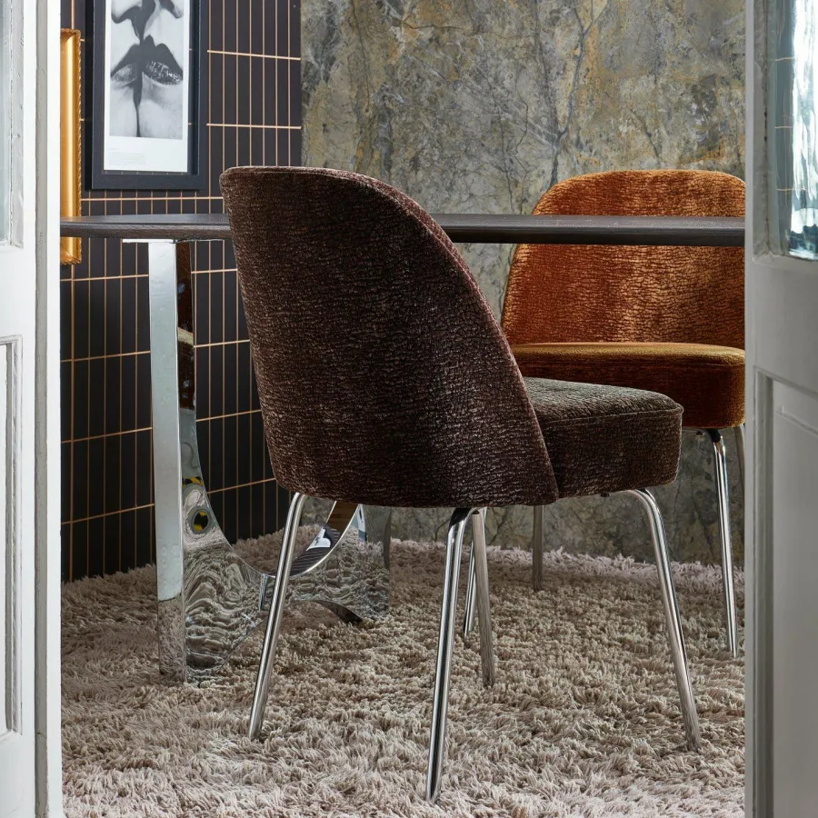 Woood Vogue eetkamerstoel 3d chenille donkerbruin chrome poot Hot